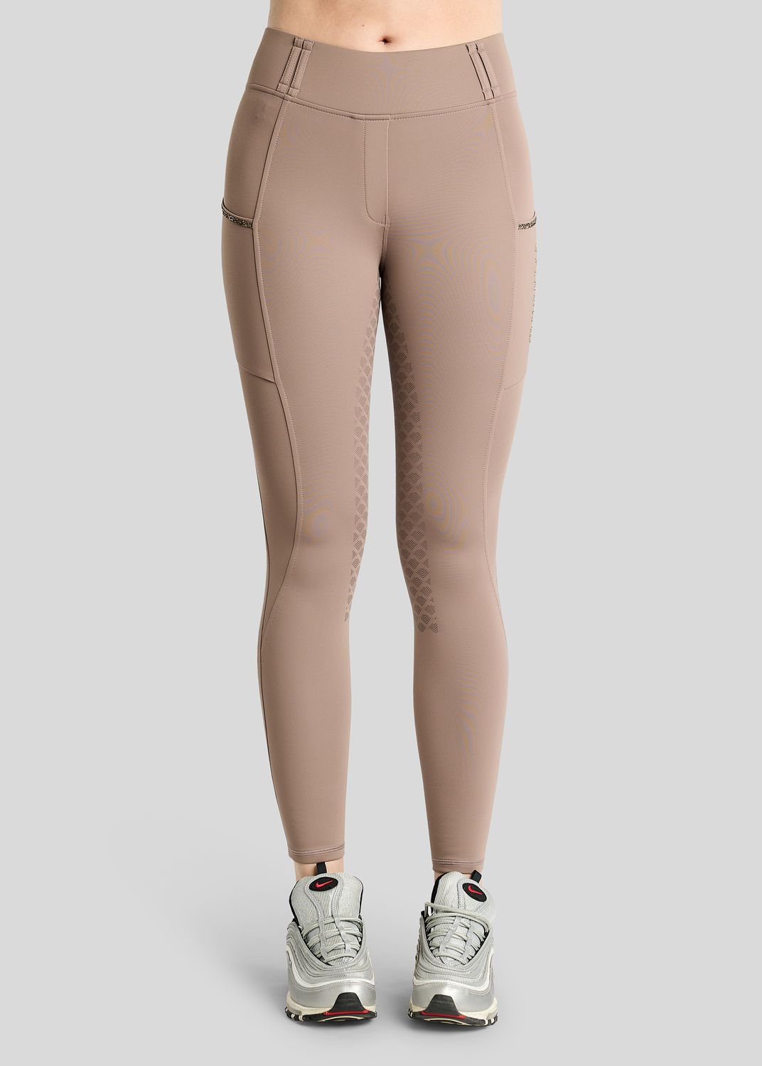 MoVeronica Hybrid Thermo Tights w. Golden Quartz Crystal Tape and Crystals - Fullgrip, Nougat Brown 