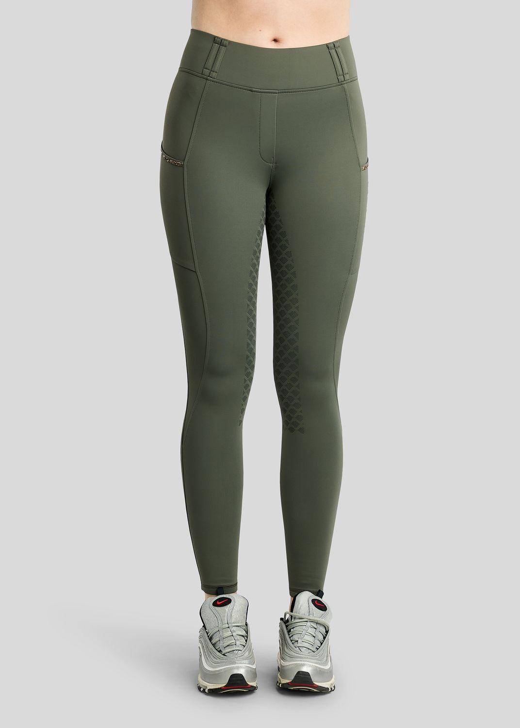 MoVeronica Hybrid Thermo Tights w. Golden Quartz Crystal Tape and Crystals - Fullgrip, Forest Green 