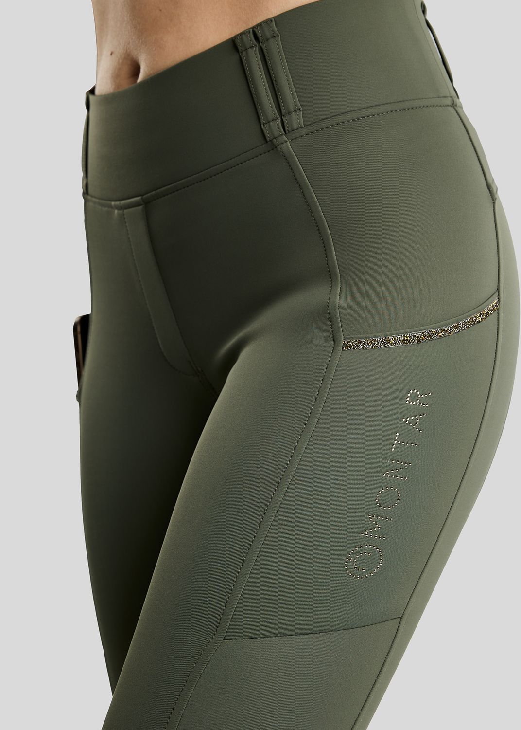 MoVeronica Hybrid Thermo Tights w. Golden Quartz Crystal Tape and Crystals - Fullgrip, Forest Green 