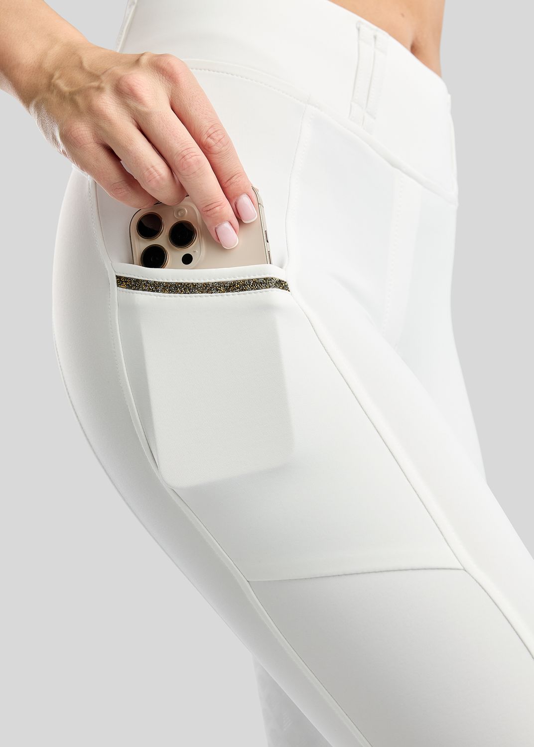 MoVeronica Hybrid Thermo Tights w. Golden Quartz Crystal Tape and Crystals - Fullgrip, White 