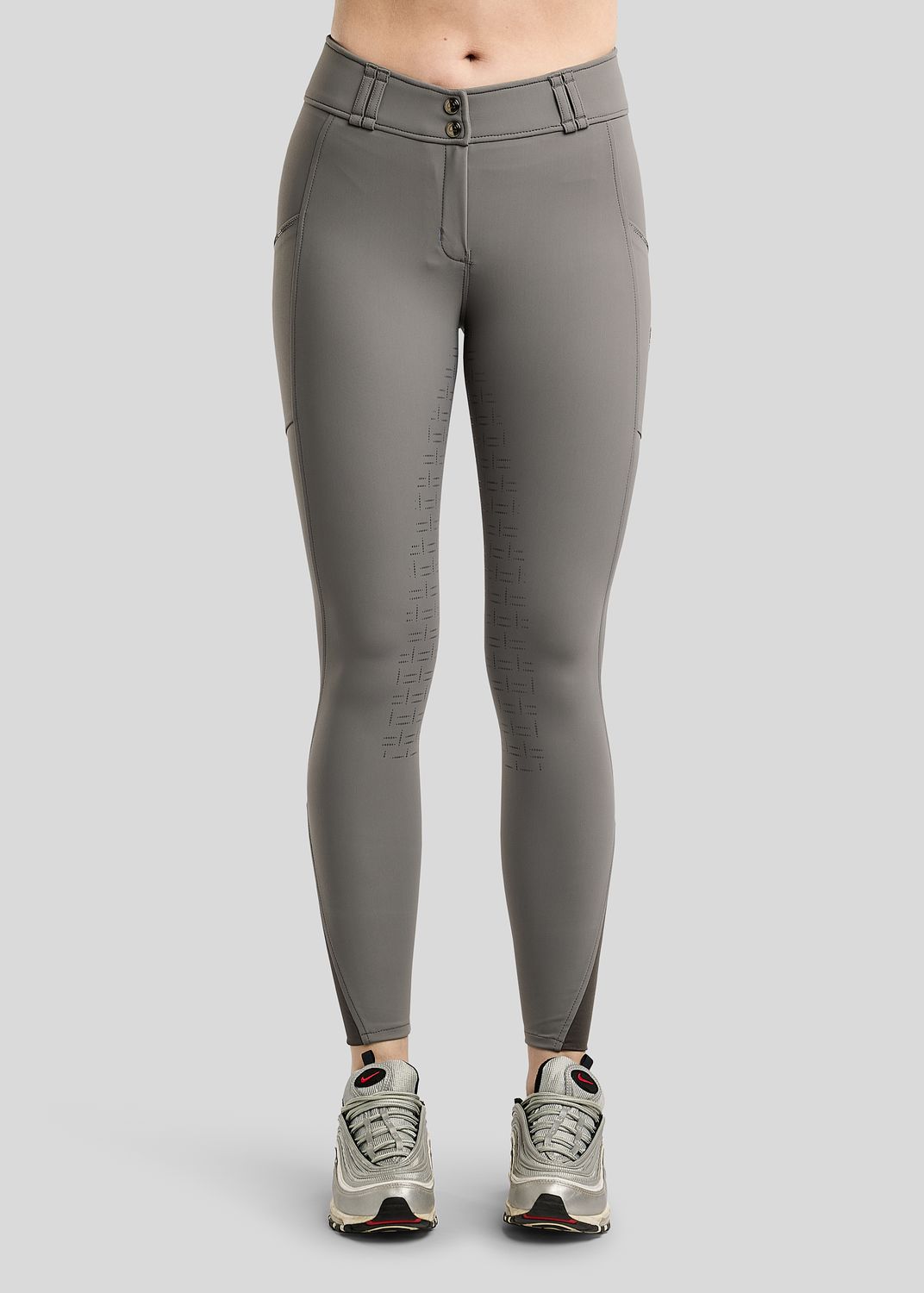 Grey MoMaddy Breeches with Gun Metal crystals on phonepockets F/G