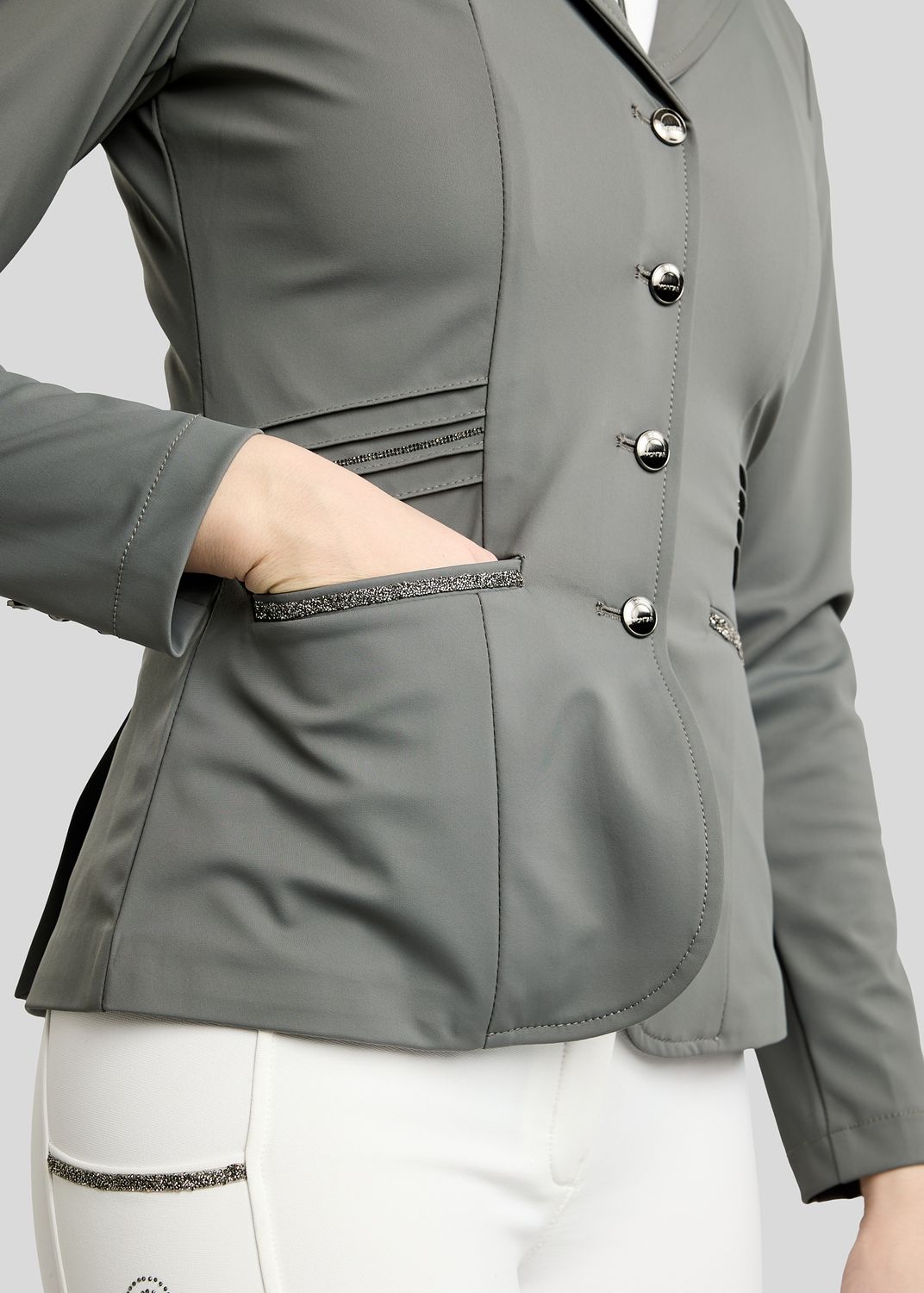 MoKelly Softshell Competition Jacket w. Gun Metal Crystal Tape and Crystals - Grey 