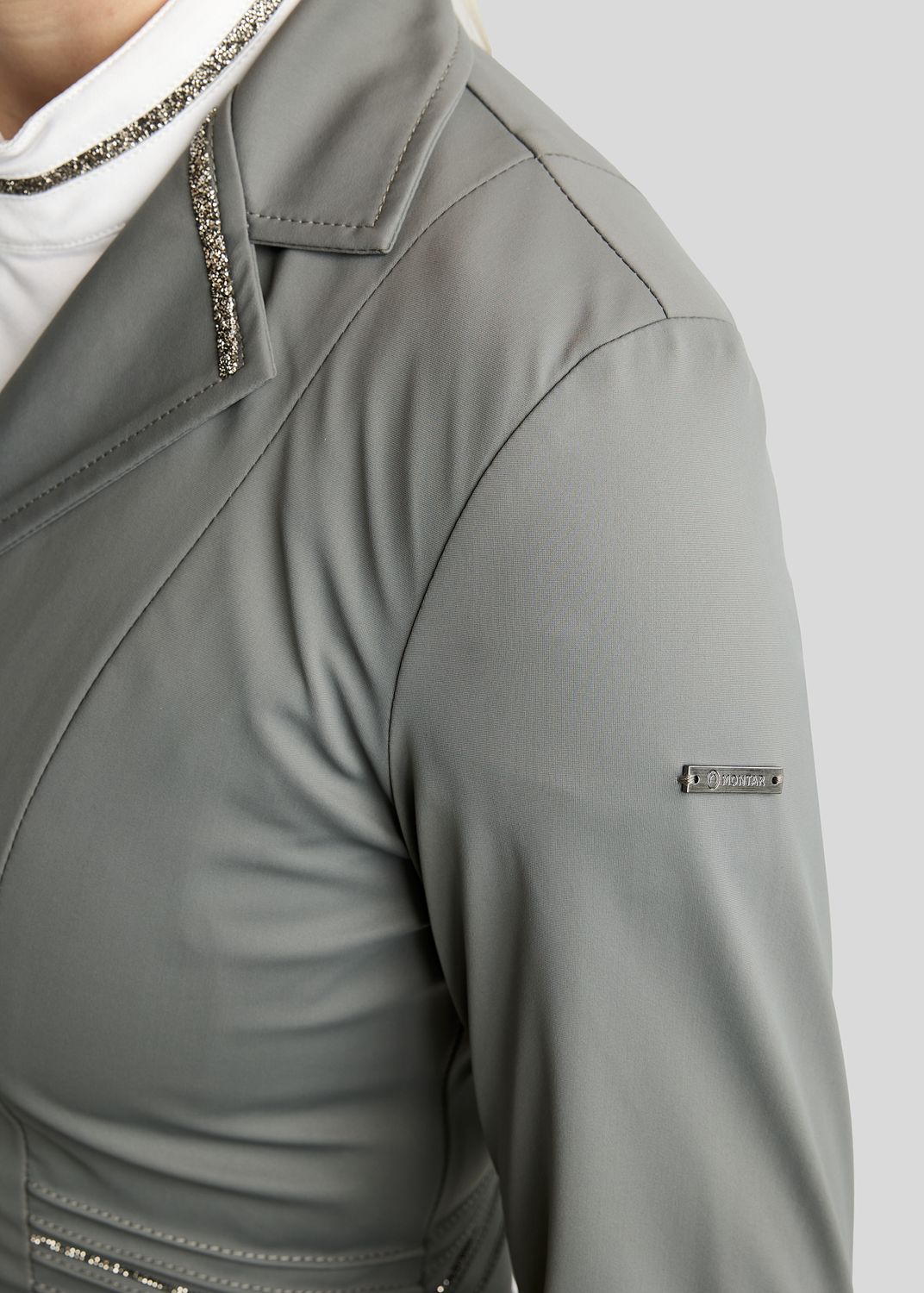 MoKelly Softshell Competition Jacket w. Gun Metal Crystal Tape and Crystals - Grey 