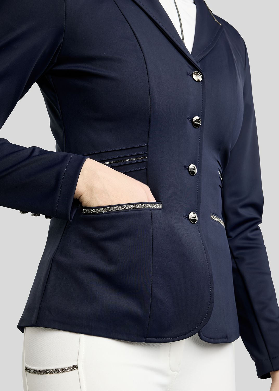 MoKelly Softshell Competition Jacket w. Gun Metal Crystal Tape and Crystals - Navy 