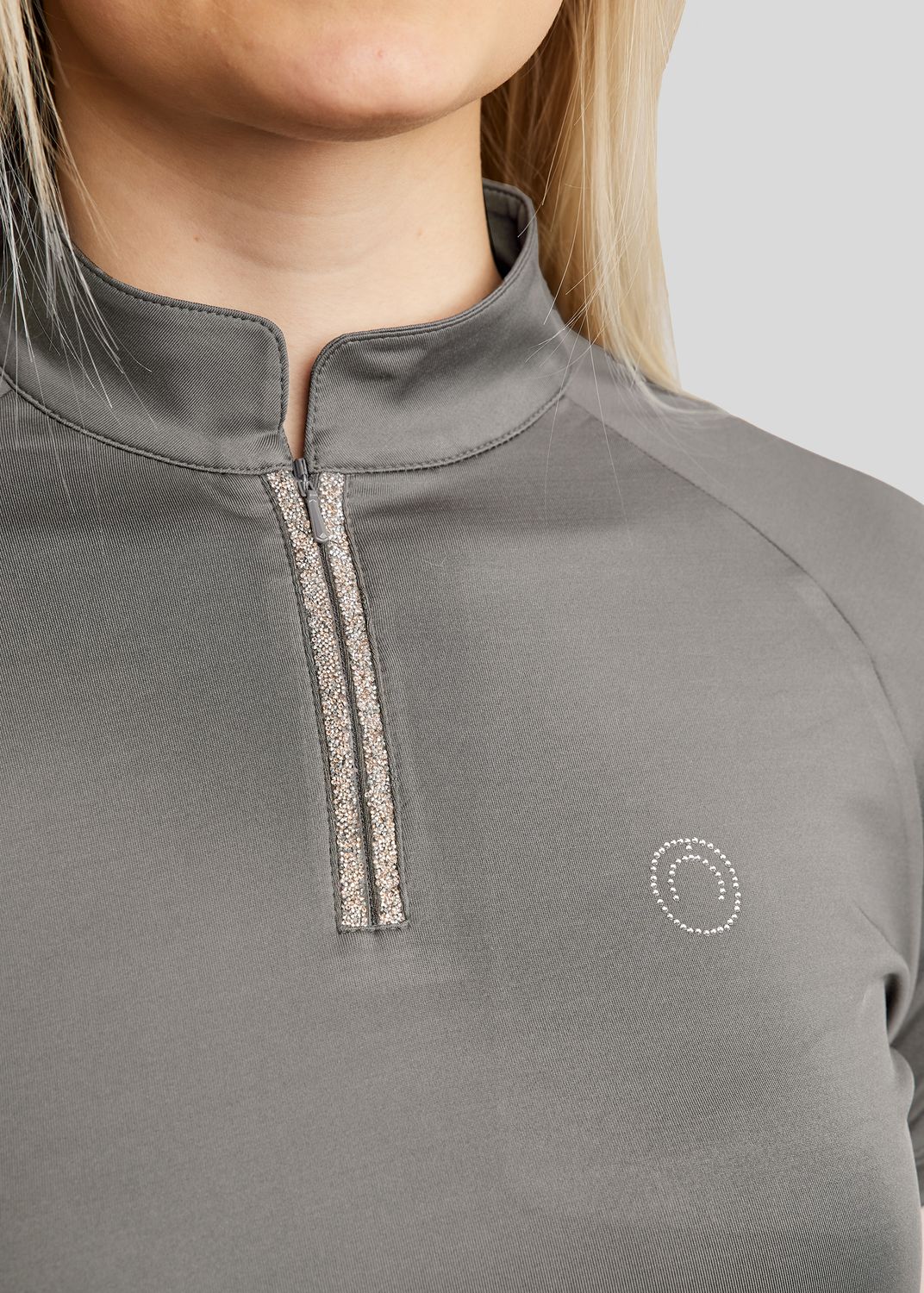 MoLila SS Polo w. Champagne Crystal Tape and Crystals - Grey