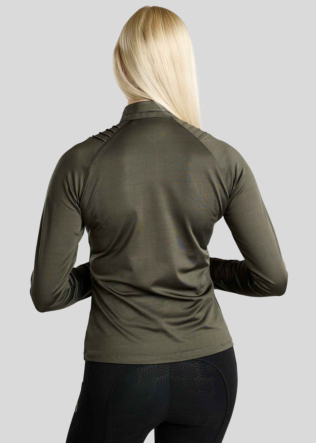 MoWilma Long Sleeved Polo w. Golden Quartz Crystals and Pintucks - Forest Green 