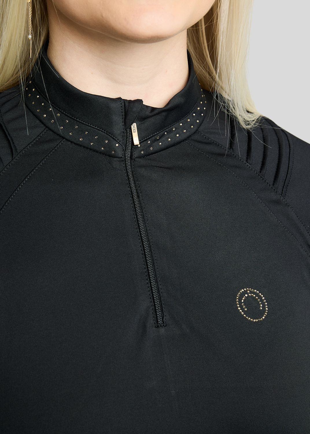 MoWilma Long Sleeved Polo w. Golden Quartz Crystals and Pintucks - Black 