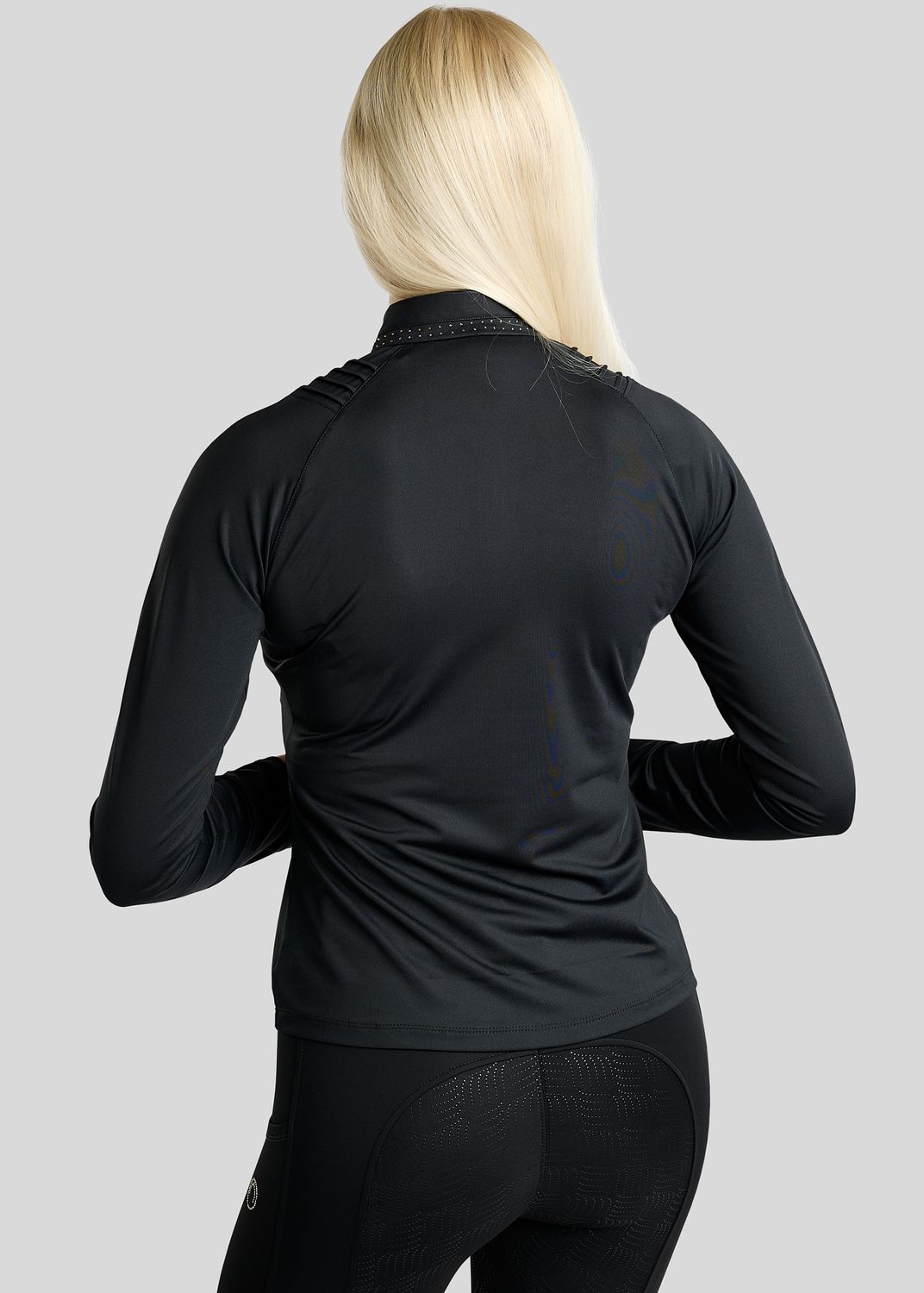 MoWilma Long Sleeved Polo w. Golden Quartz Crystals and Pintucks - Black 