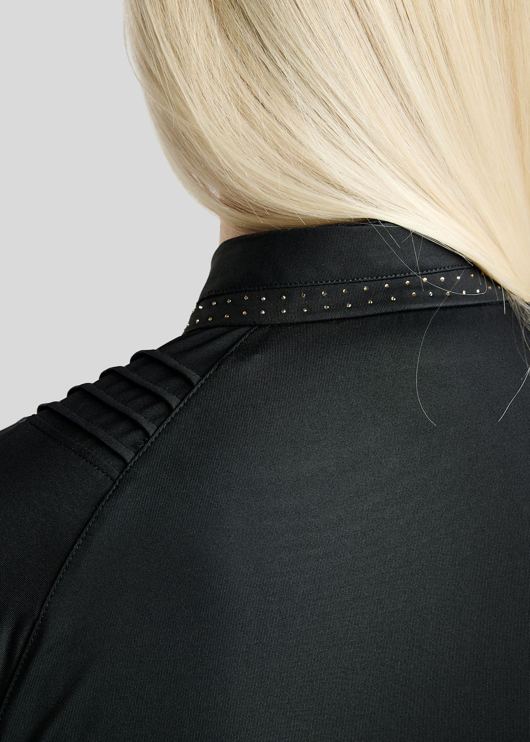 MoWilma Long Sleeved Polo w. Golden Quartz Crystals and Pintucks - Black 