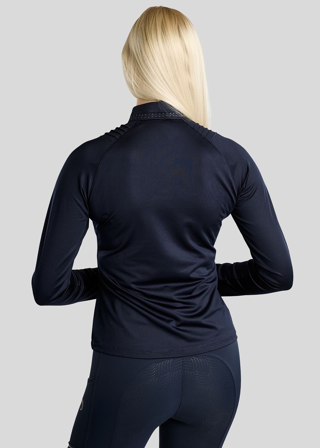 MoWilma Long Sleeved Polo w. Golden Quartz Crystals and Pintucks - Navy 