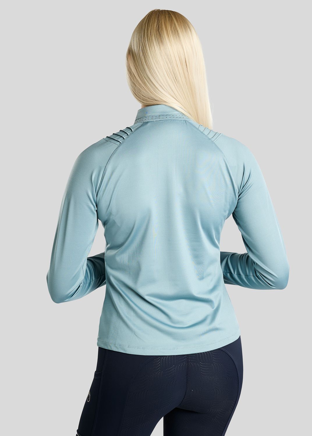 MoWilma Long Sleeved Polo w. Golden Quartz Crystals and Pintucks - Smokey Blue 