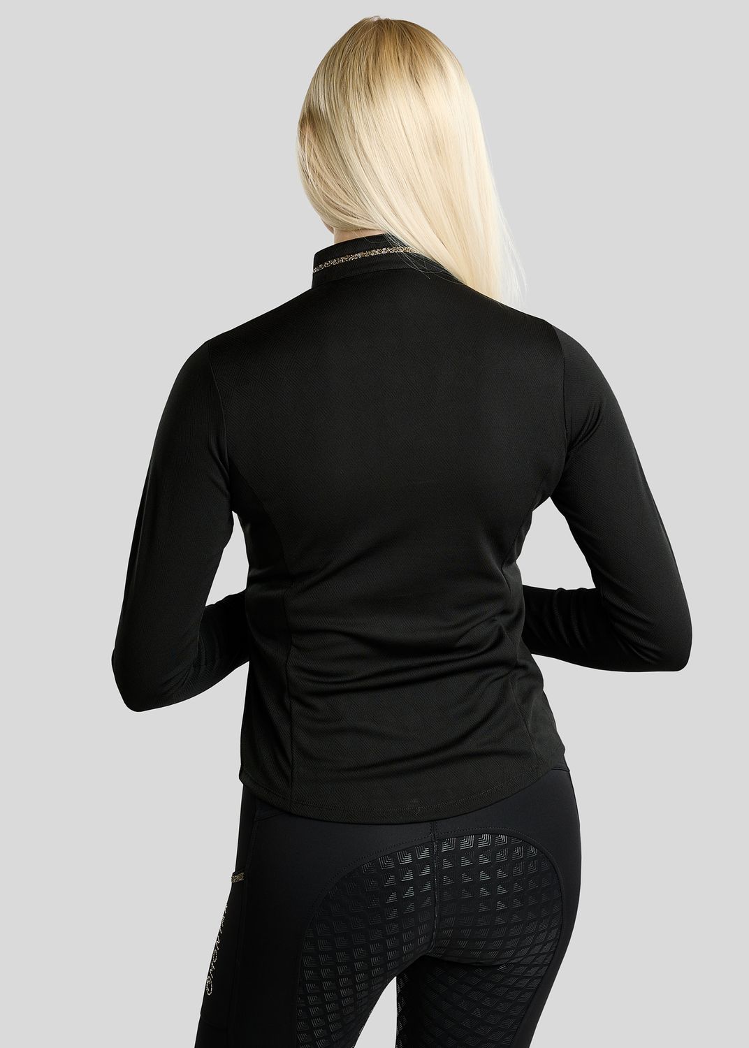 MoEkta Long Sleeved Jacquard Polo w. Golden Quartz Crystal Tape - Black 