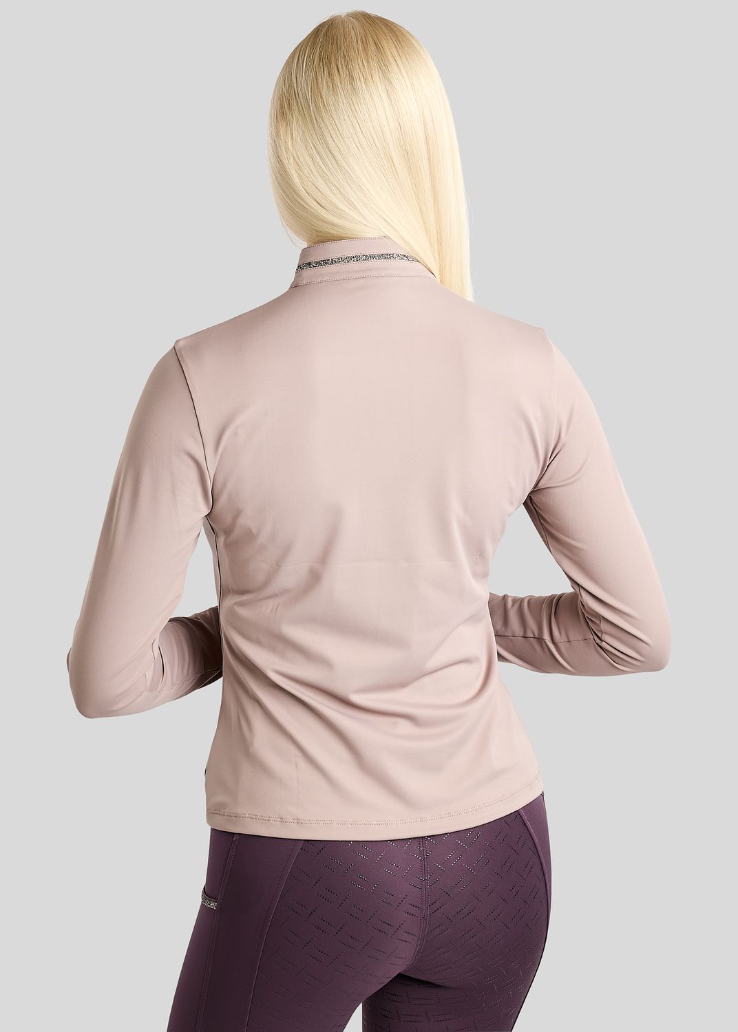 MoMaisy Long Sleeved Polo w. Gun Metal Crystal Tape and Crystal Logo - Pearl Grey 