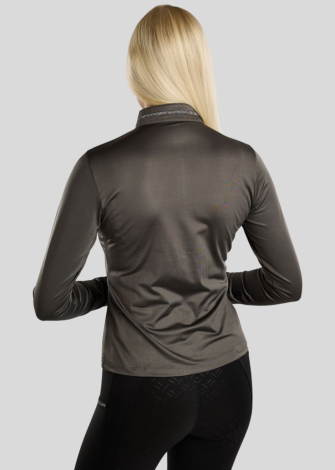 MoMaisy Long Sleeved Polo w. Gun Metal Crystal Tape and Crystal Logo - Grey 