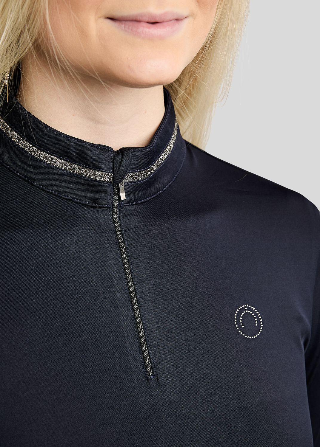 MoMaisy Long Sleeved Polo w. Gun Metal Crystal Tape and Crystal Logo - Navy 