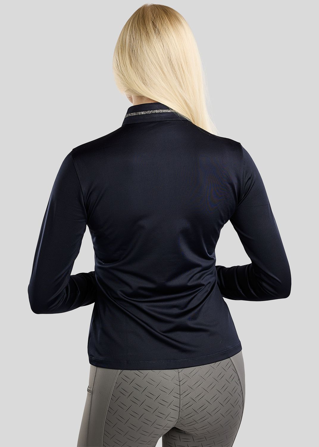 MoMaisy Long Sleeved Polo w. Gun Metal Crystal Tape and Crystal Logo - Navy 