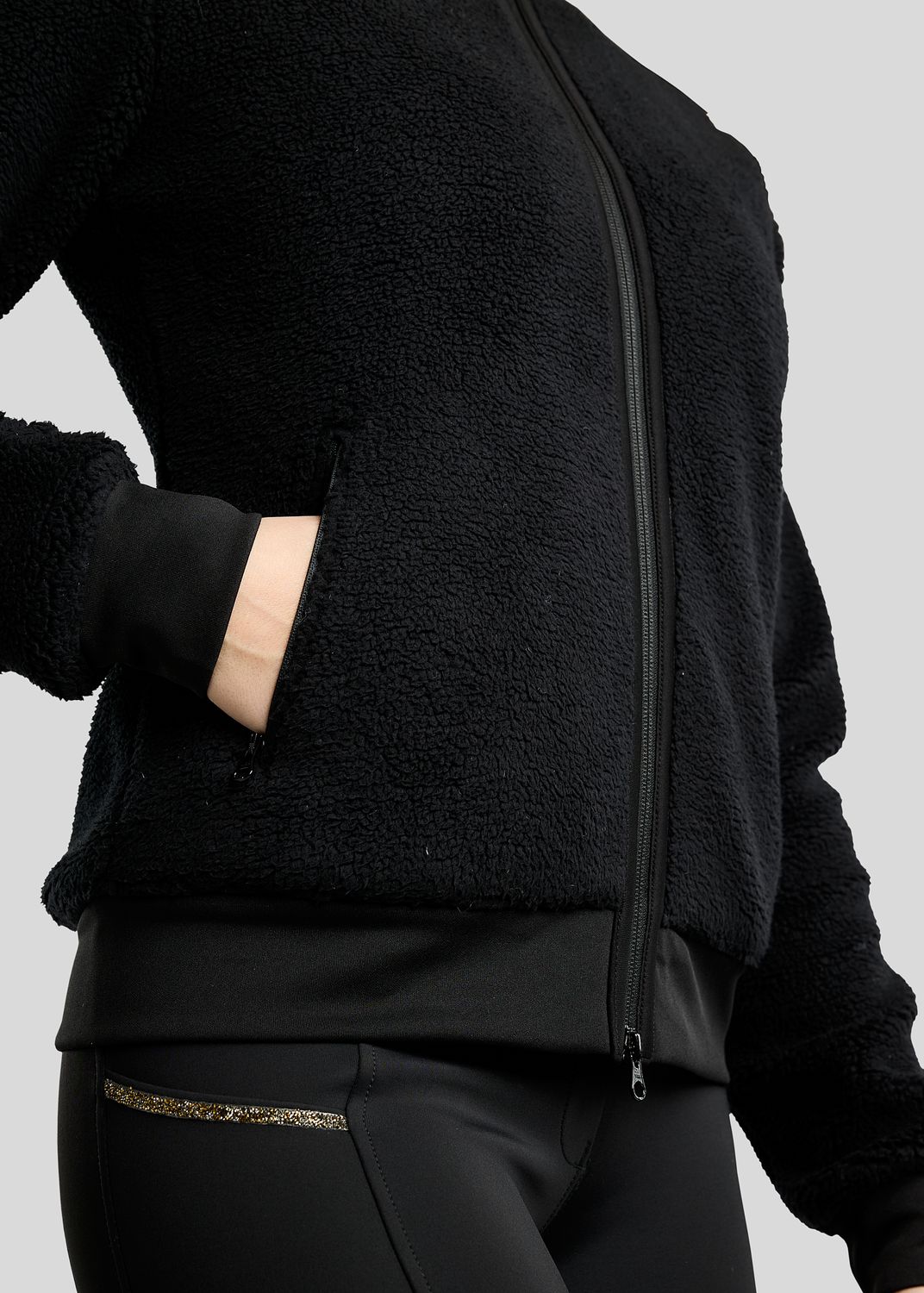 MoEbba Teddy Pile Full Zip Jacket w. Golden Quartz Crystal Tape - Black 