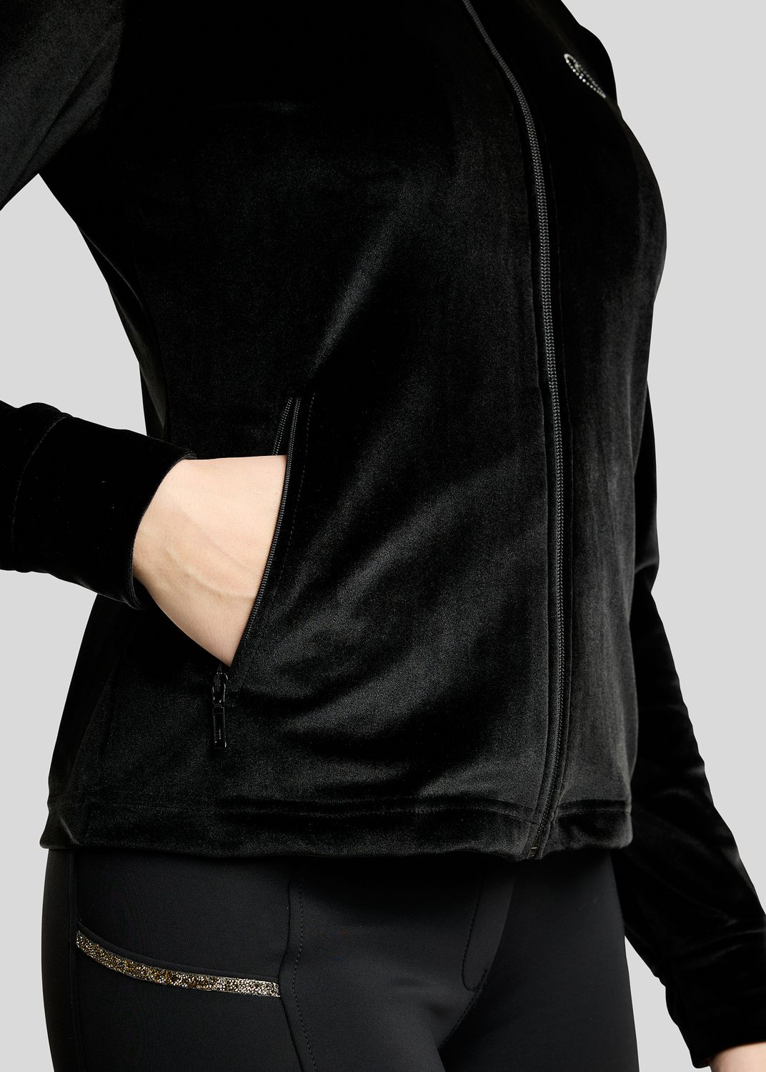 MoValerie Velvet Full Zip Jacket w. Golden Quartz Crystals - Black 