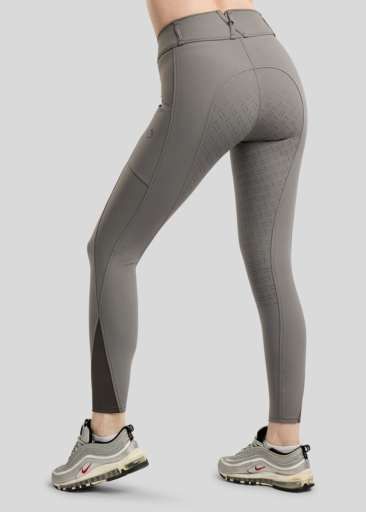 Grey MoMaddy Breeches with Gun Metal crystals on phonepockets F/G