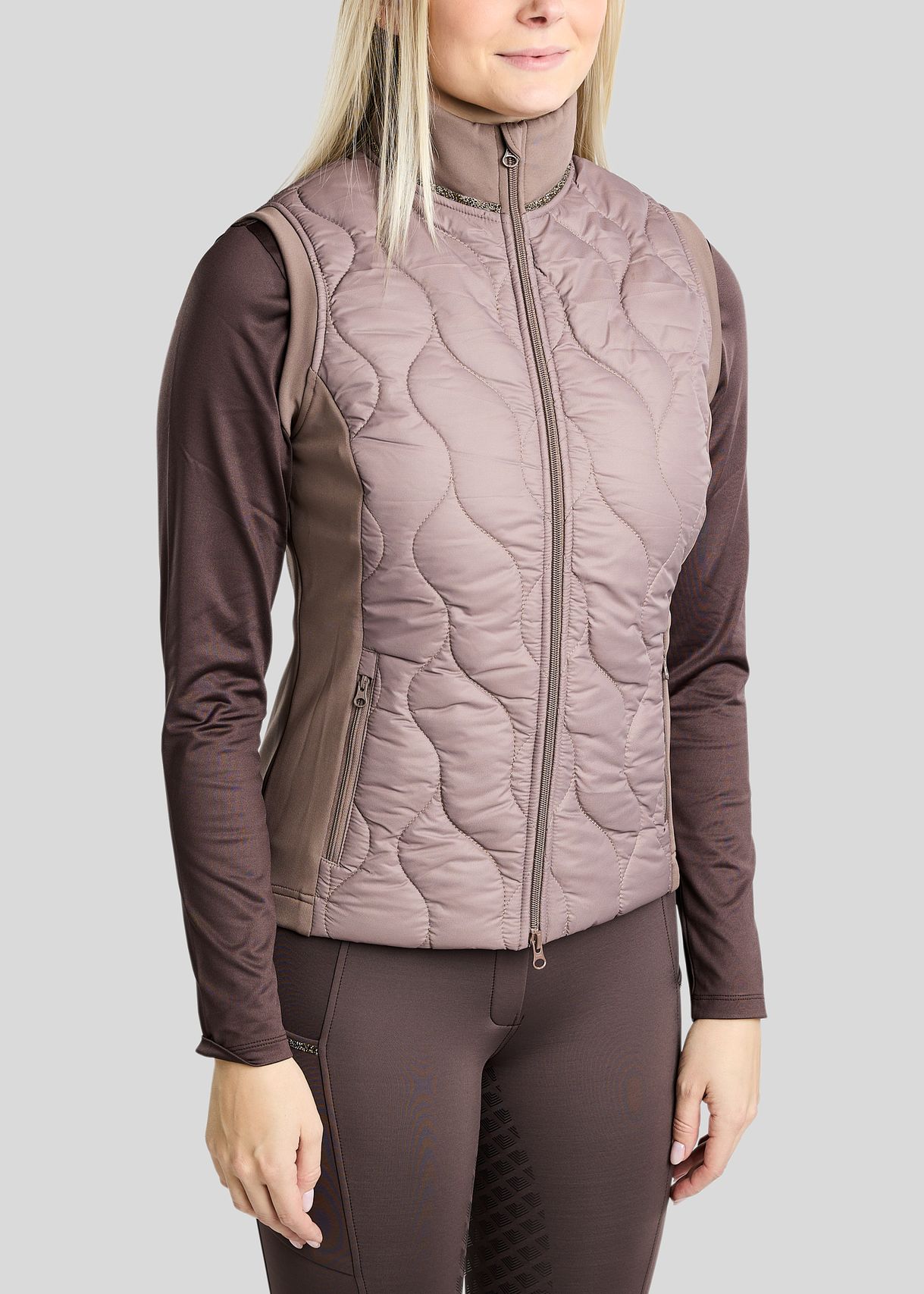 MoVeronica Hybrid Bodywarmer w. Golden Quartz Crystal Tape and Crystals - Nougat Brown 