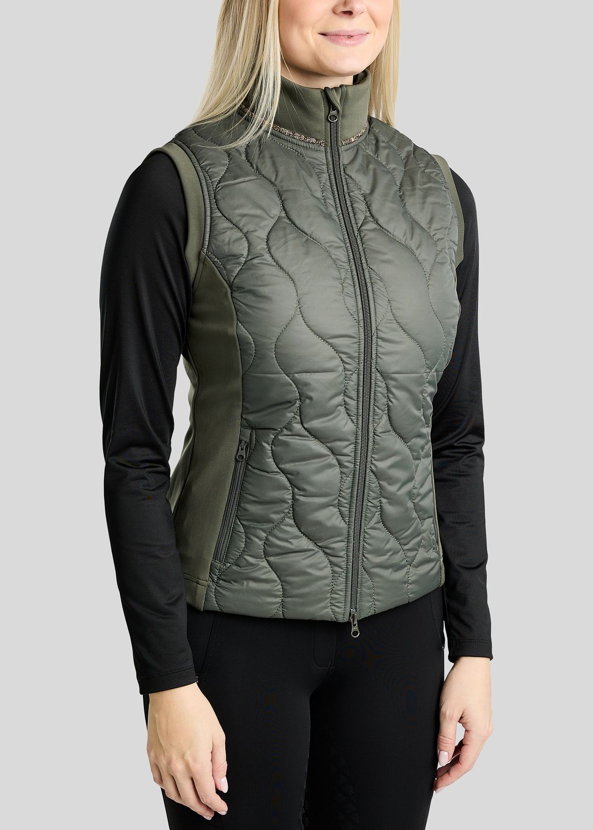 MoVeronica Hybrid Bodywarmer w. Golden Quartz Crystal Tape and Crystals - Forest Green 