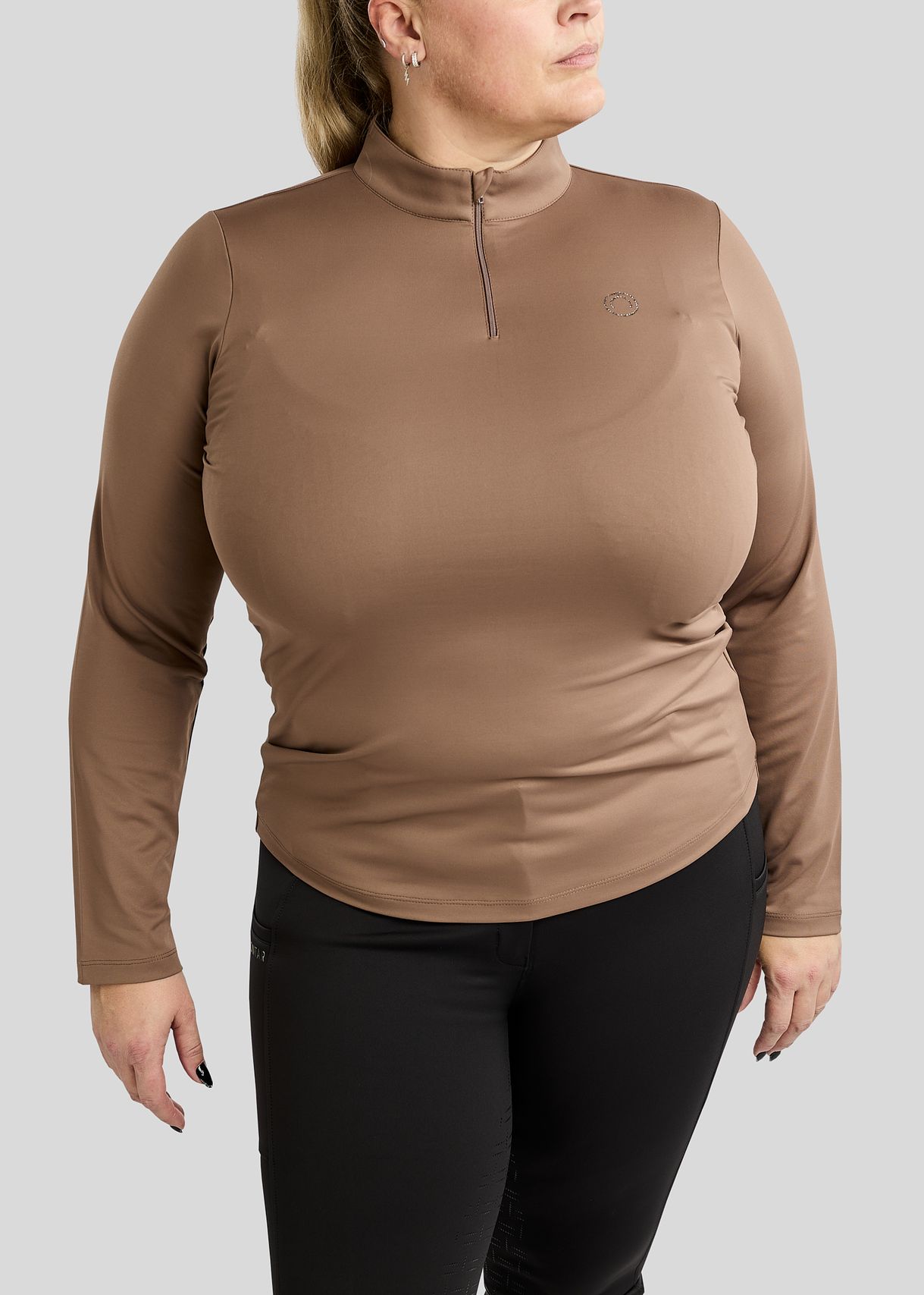 CURVE MoFlair Longsleeved Polo w. Gun Metal Crystals - Nougat Brown