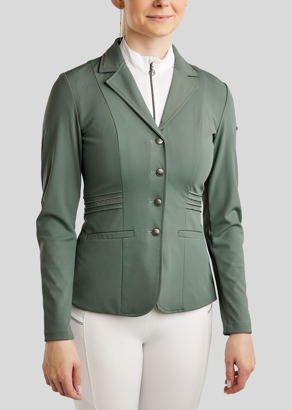 MoPearl Competition Jacket w. Pintucks and Gun Metal Crystals - Jade