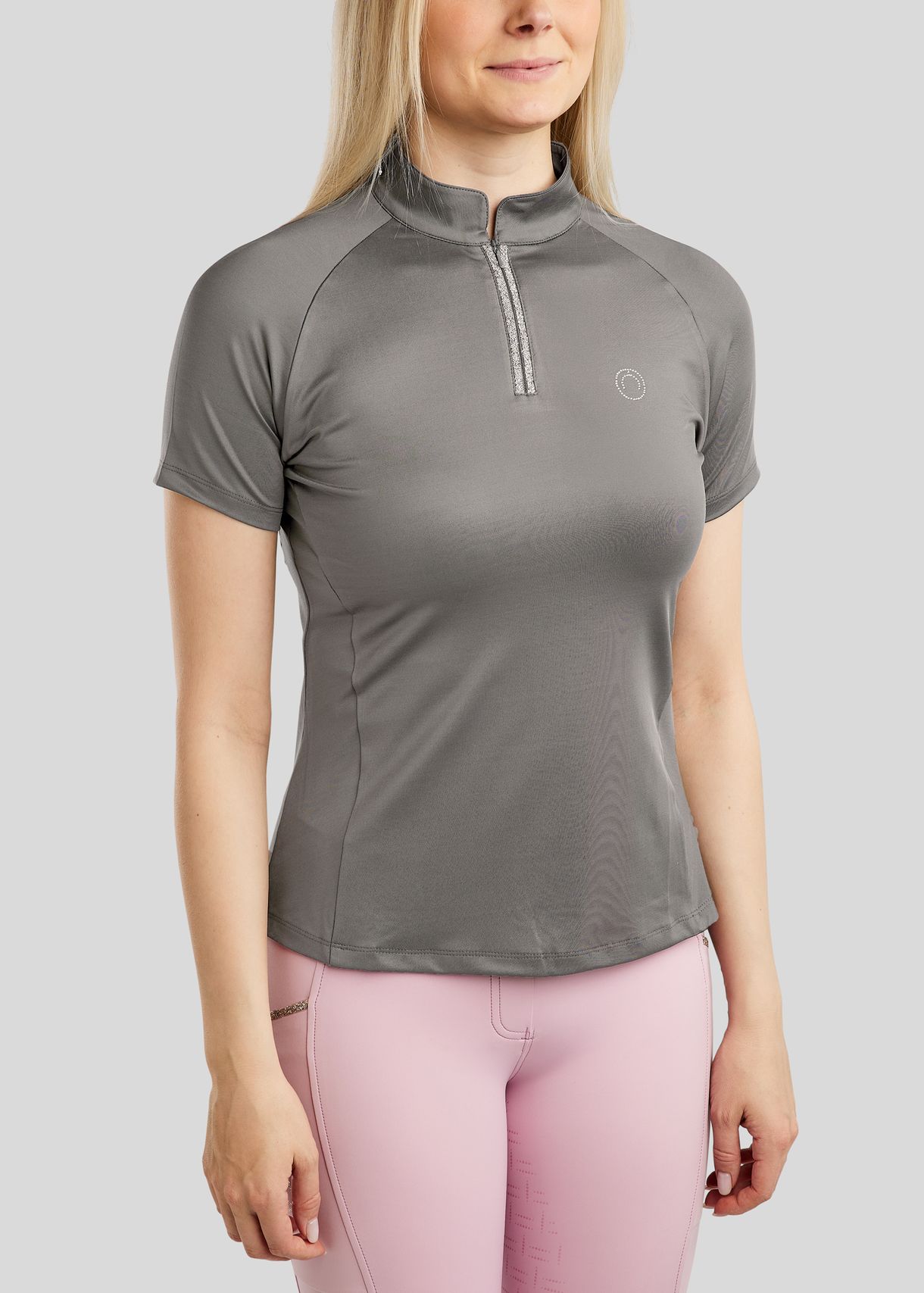 MoLila SS Polo w. Champagne Crystal Tape and Crystals - Grey