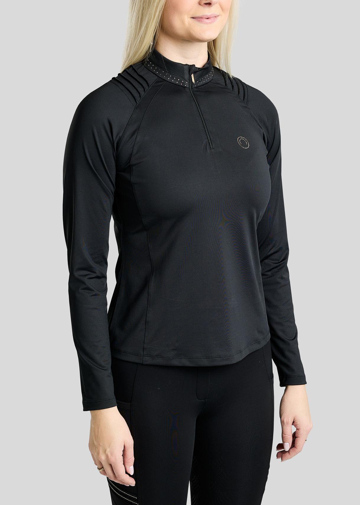 MoWilma Long Sleeved Polo w. Golden Quartz Crystals and Pintucks - Black 