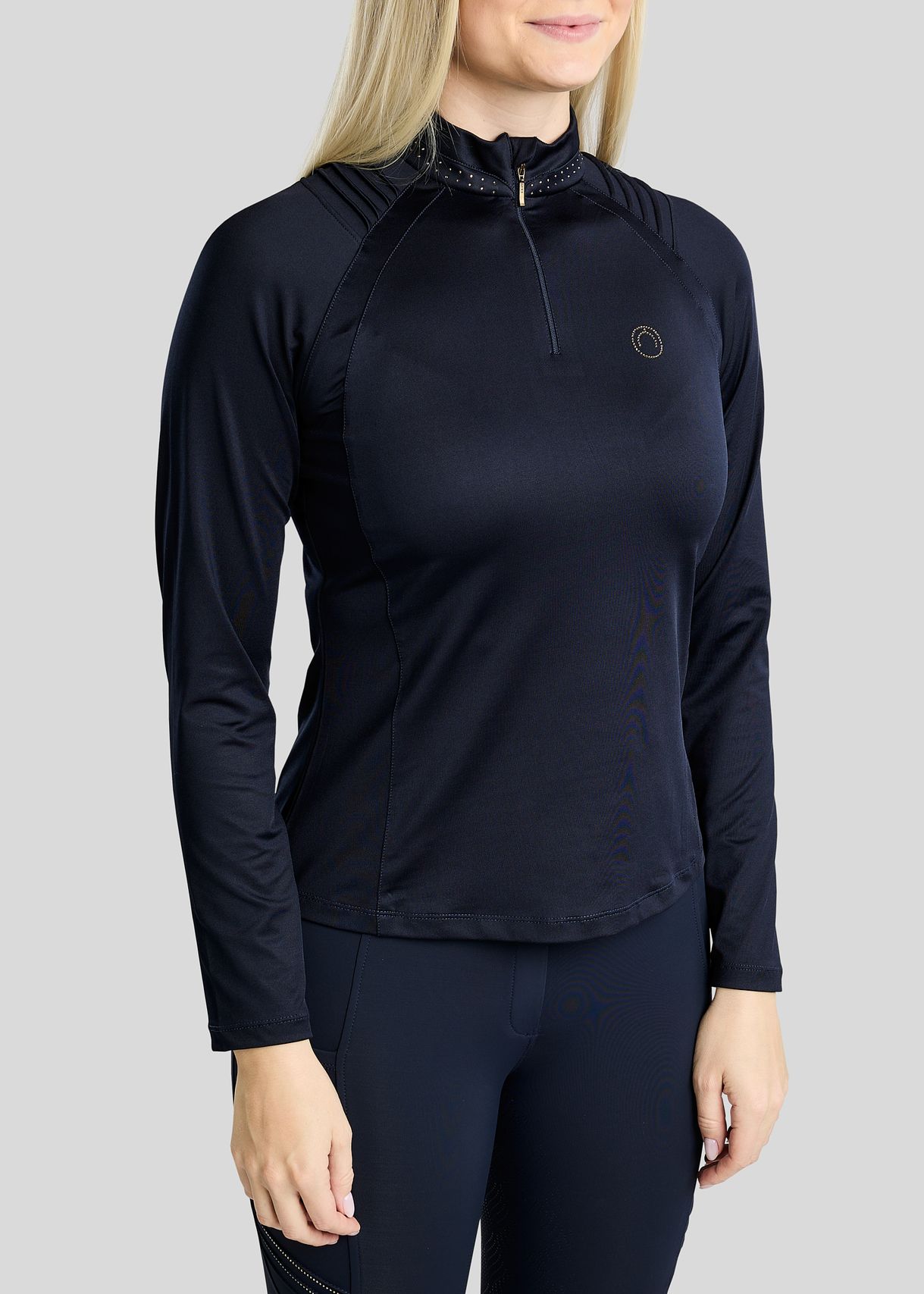 MoWilma Long Sleeved Polo w. Golden Quartz Crystals and Pintucks - Navy 