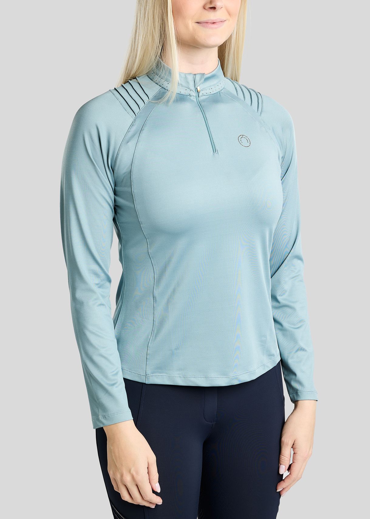 MoWilma Long Sleeved Polo w. Golden Quartz Crystals and Pintucks - Smokey Blue 