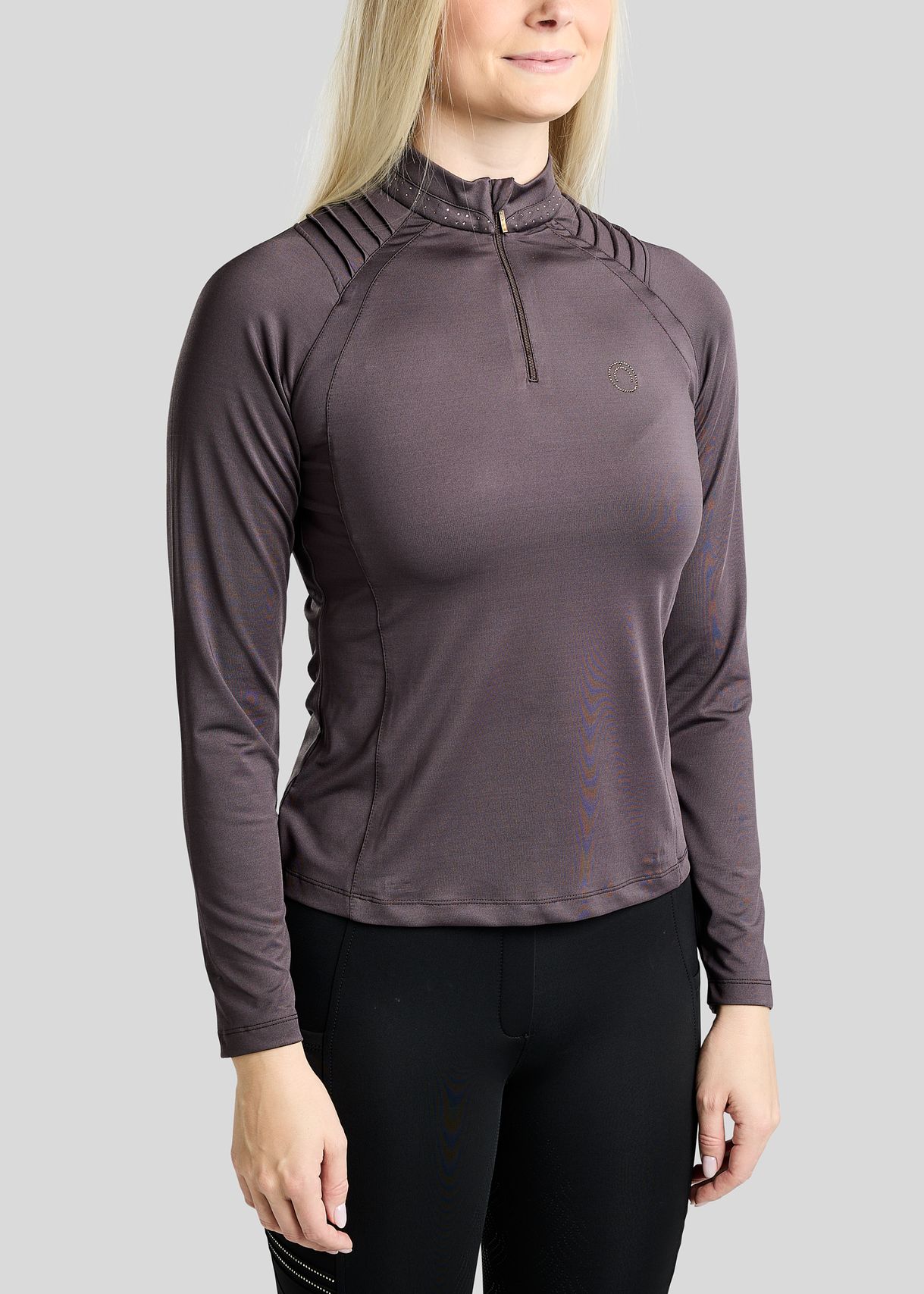 MoWilma Long Sleeved Polo w. Golden Quartz Crystals and Pintucks - Black Peony 