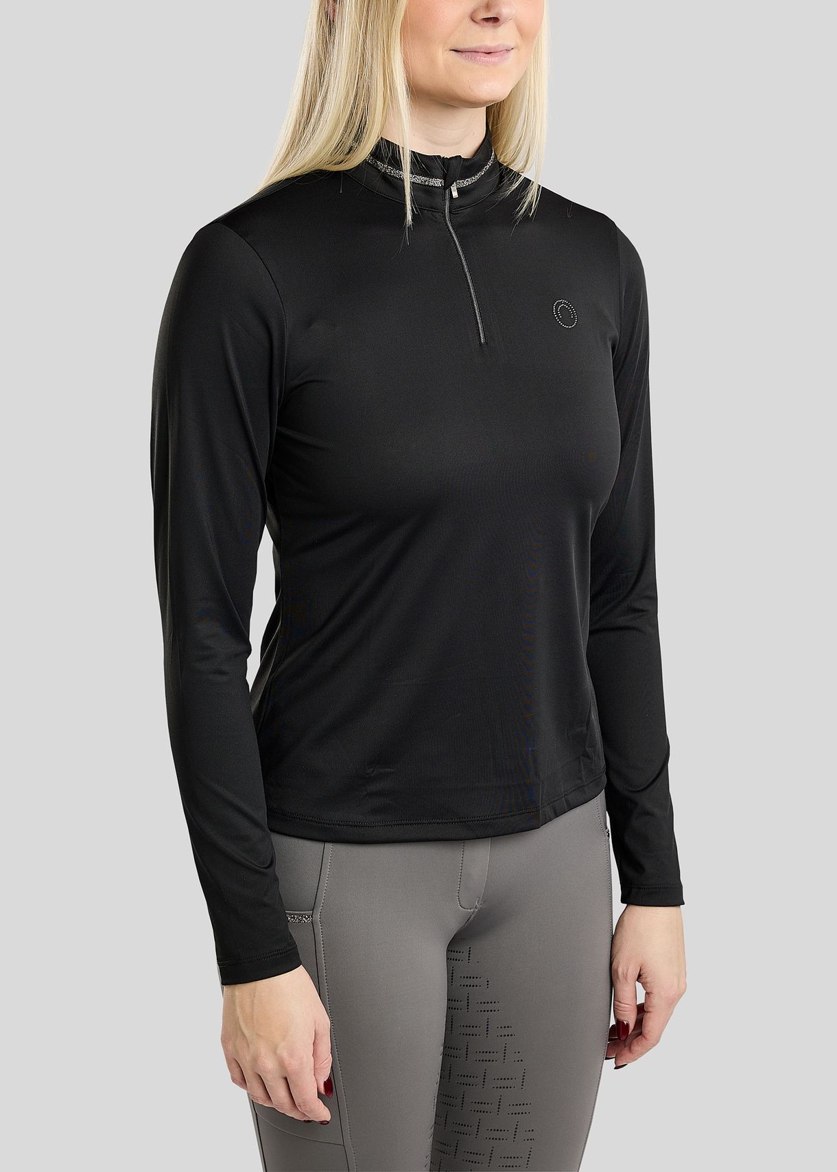 MoMaisy Long Sleeved Polo w. Gun Metal Crystal Tape and Crystal Logo - Black 