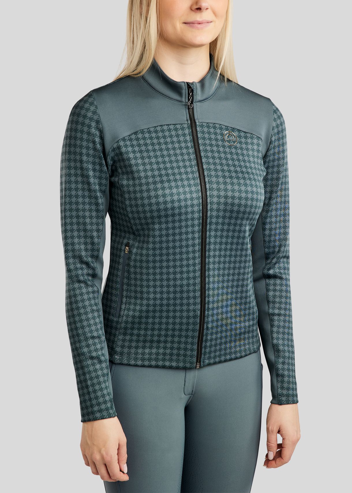 MoHannah Allover Printed Houndtooth Full Zip Jacket - Jade
