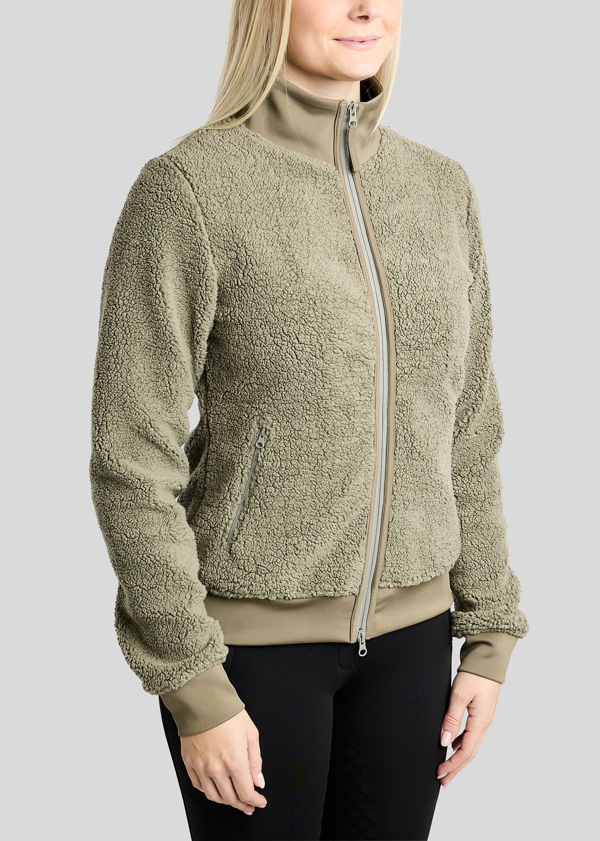 MoEbba Teddy Pile Full Zip Jacket w. Golden Quartz Crystal Tape - Dusty Green 