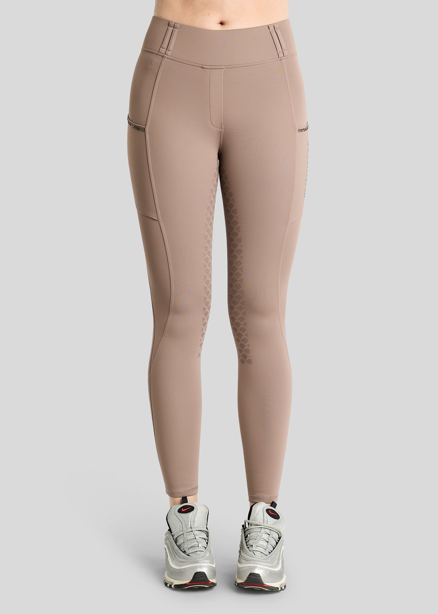 MoVeronica Hybrid Thermo Tights w. Golden Quartz Crystal Tape and Crystals - Fullgrip, Nougat Brown 