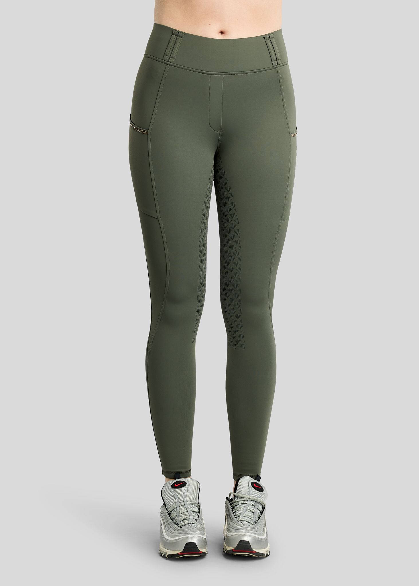 MoVeronica Hybrid Thermo Tights w. Golden Quartz Crystal Tape and Crystals - Fullgrip, Forest Green 