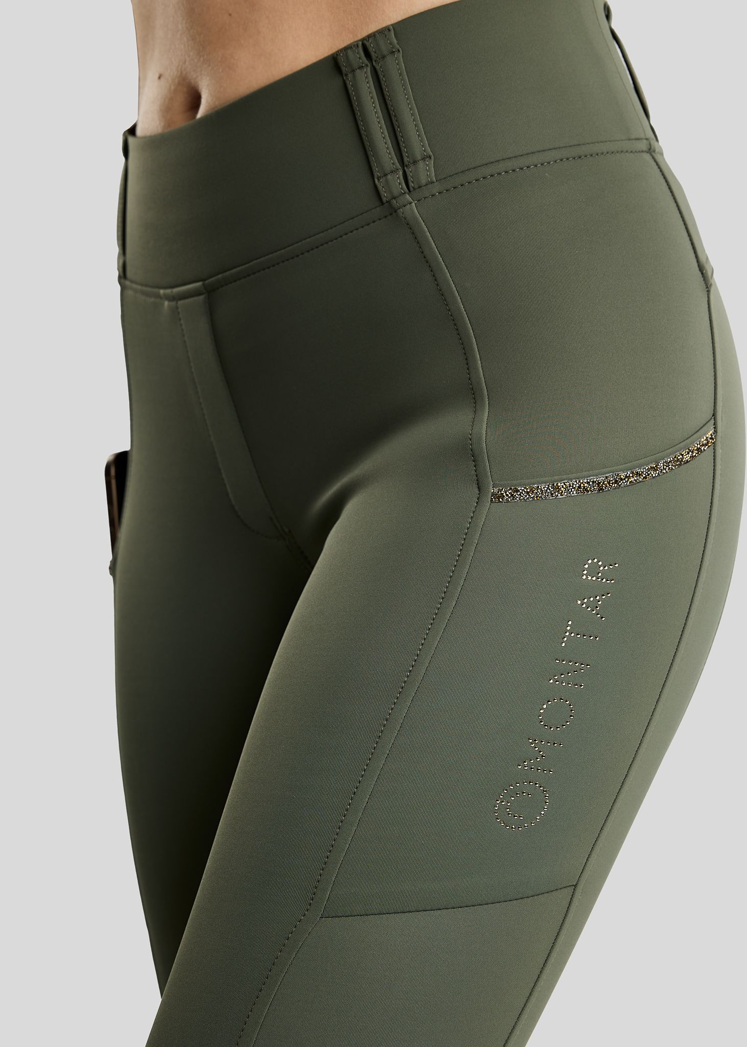 MoVeronica Hybrid Thermo Tights w. Golden Quartz Crystal Tape and Crystals - Fullgrip, Forest Green 