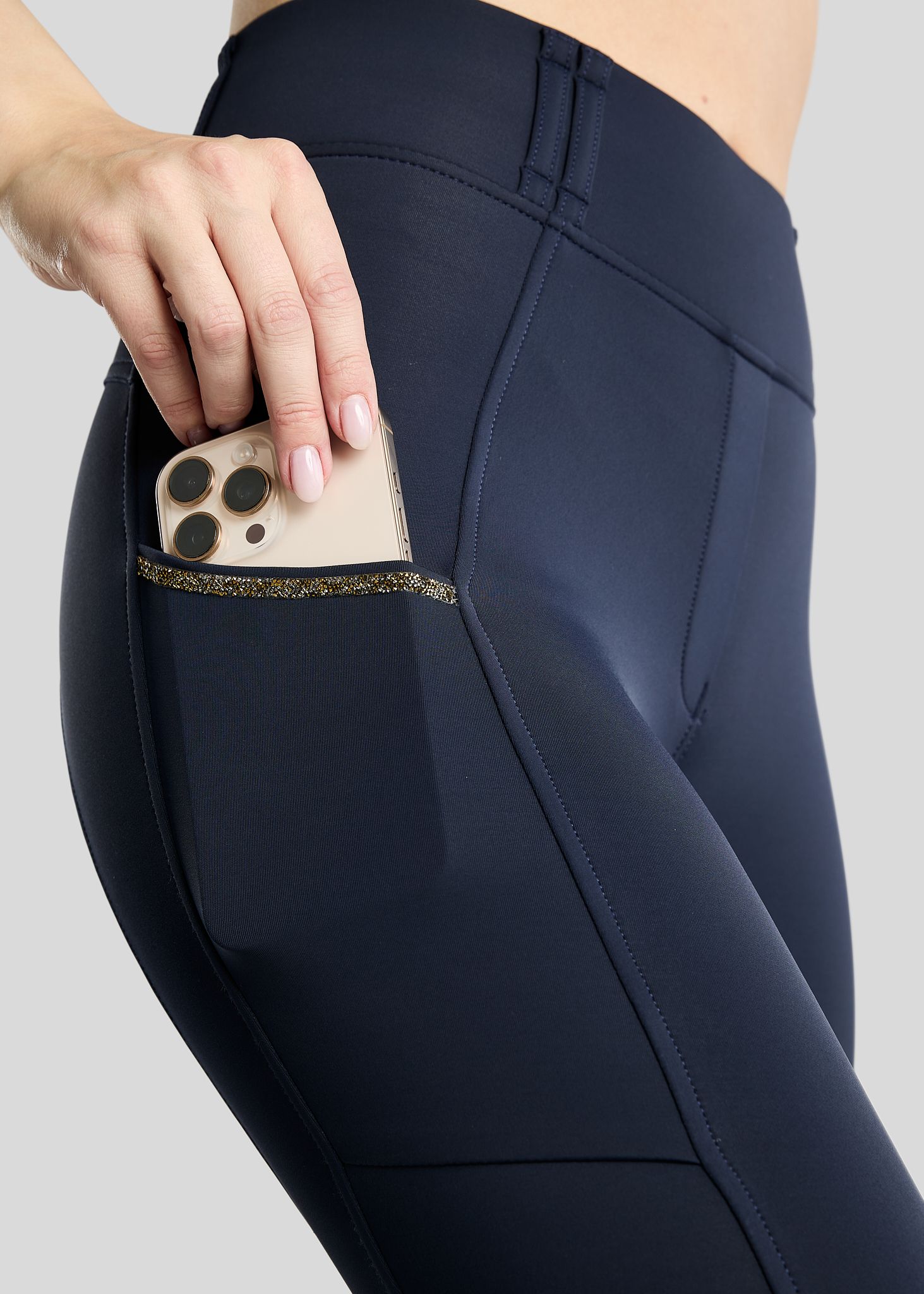 MoVeronica Hybrid Thermo Tights w. Golden Quartz Crystal Tape and Crystals - Fullgrip, Navy 