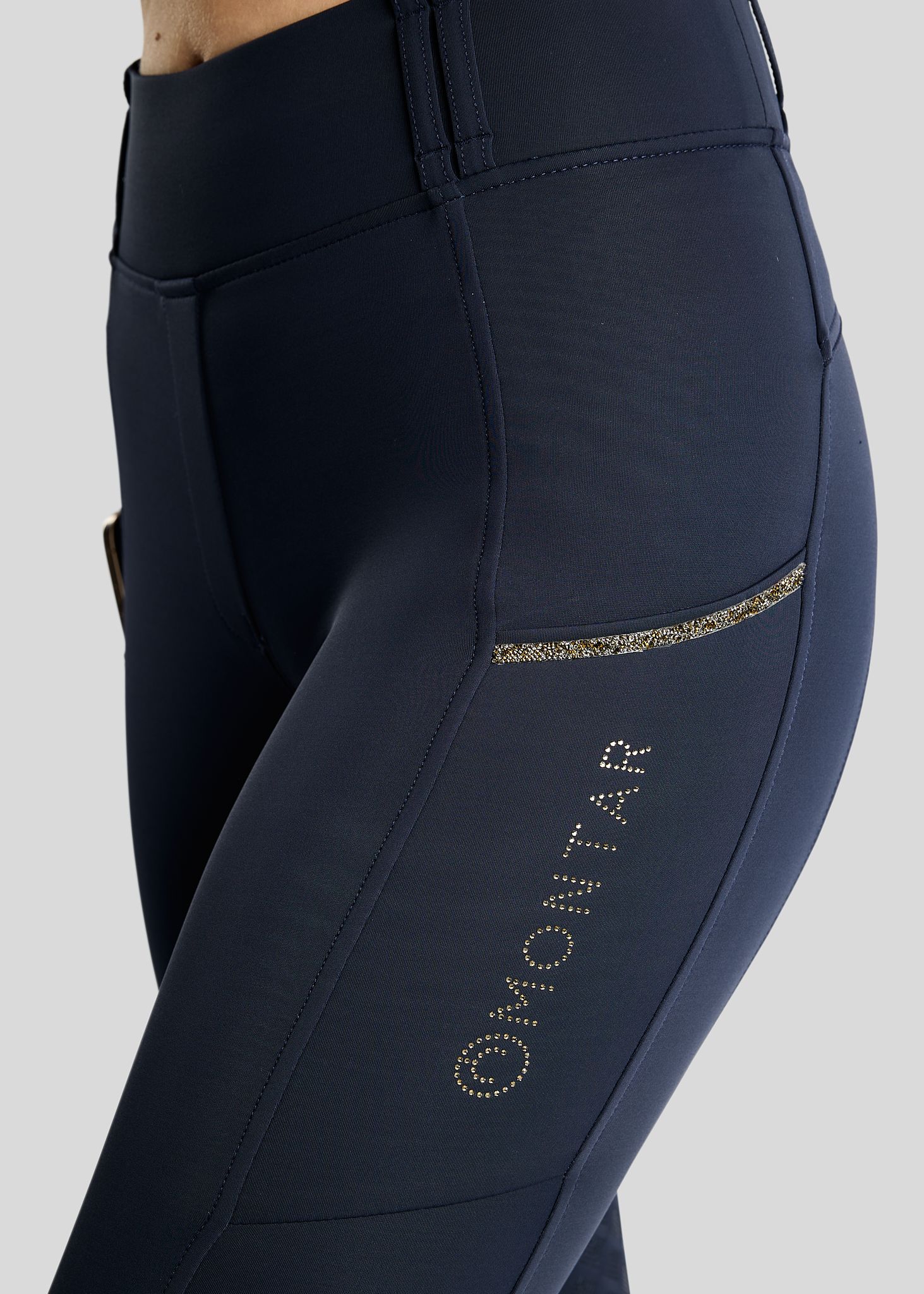 MoVeronica Hybrid Thermo Tights w. Golden Quartz Crystal Tape and Crystals - Fullgrip, Navy 