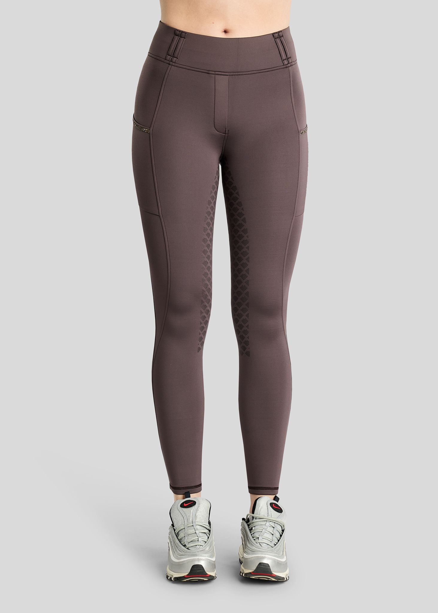 MoVeronica Hybrid Thermo Tights w. Golden Quartz Crystal Tape and Crystals - Fullgrip, Black Peony 