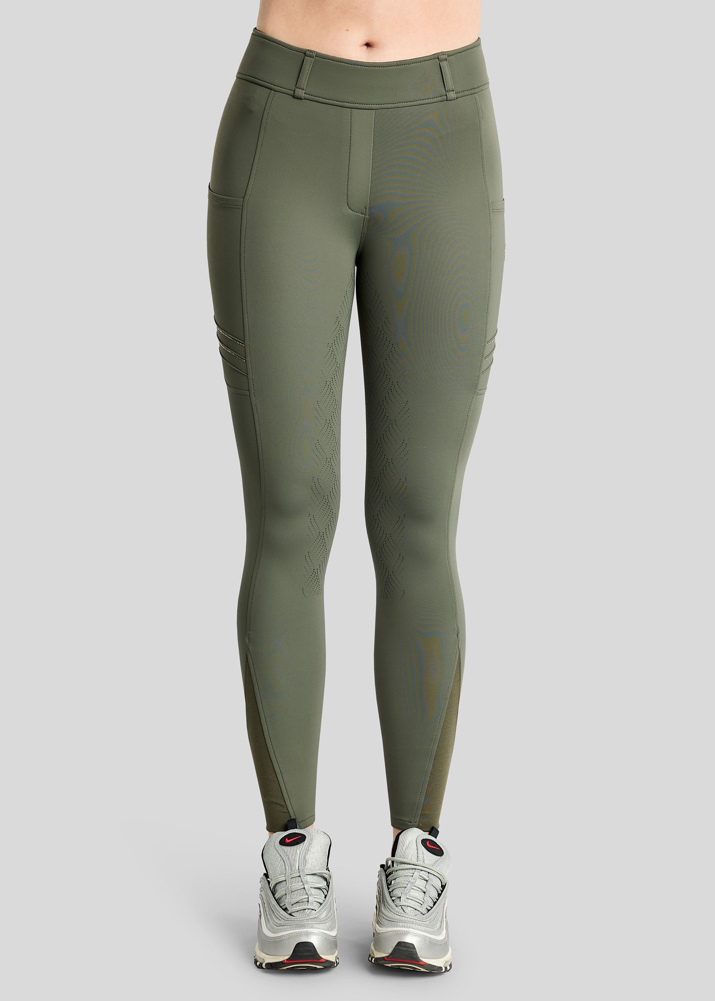MoWilma Hybrid Tights w. Pintucks and Golden Quartz Crystals - Fullgrip, Forest Green 