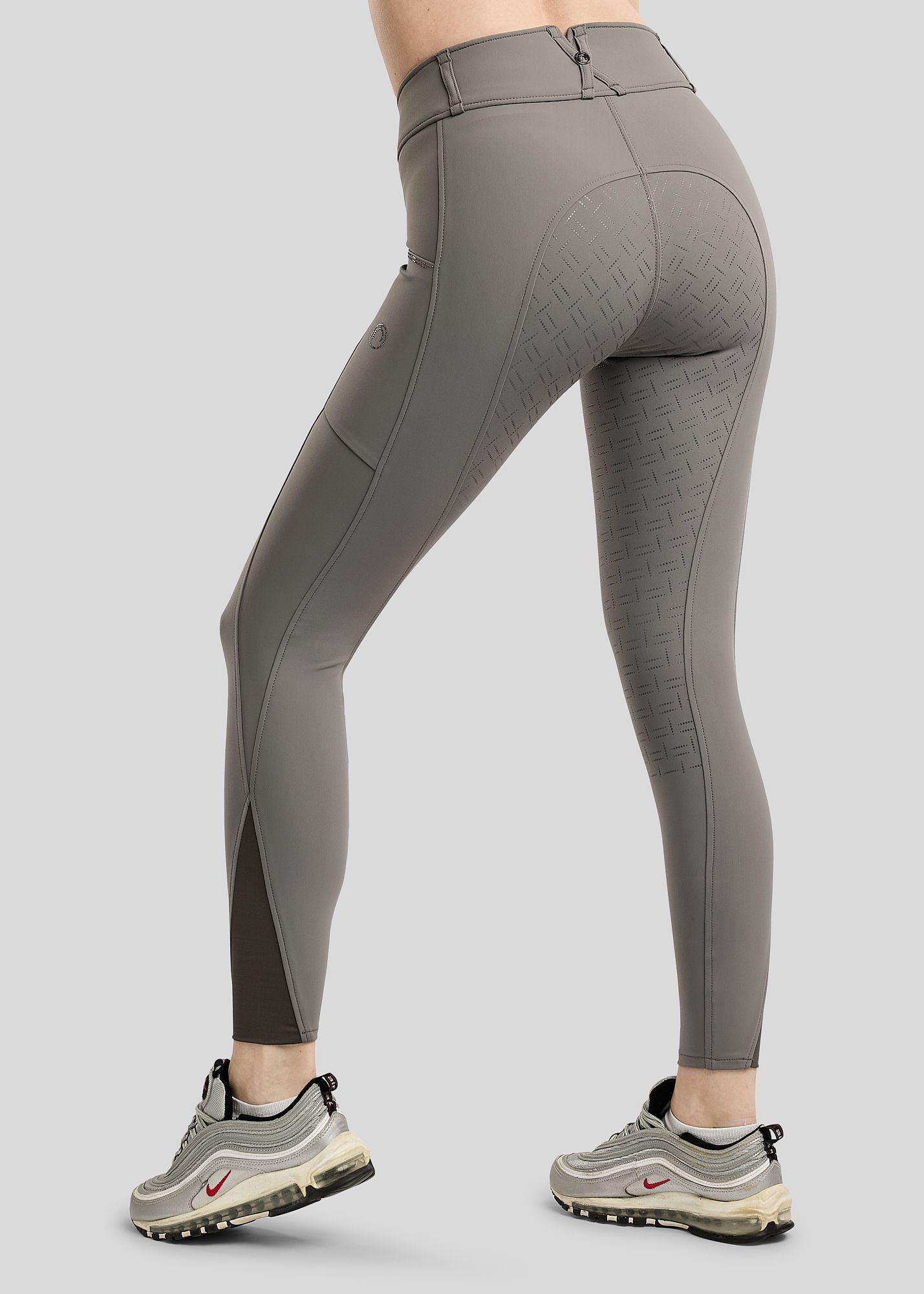 Grey MoMaddy Breeches with Gun Metal crystals on phonepockets F/G