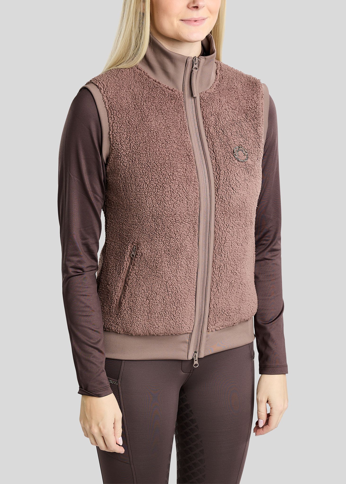 MoEbba Teddy Pile Full Zip Bodywarmer w. Golden Quartz Crystal Tape - Nougat Brown 