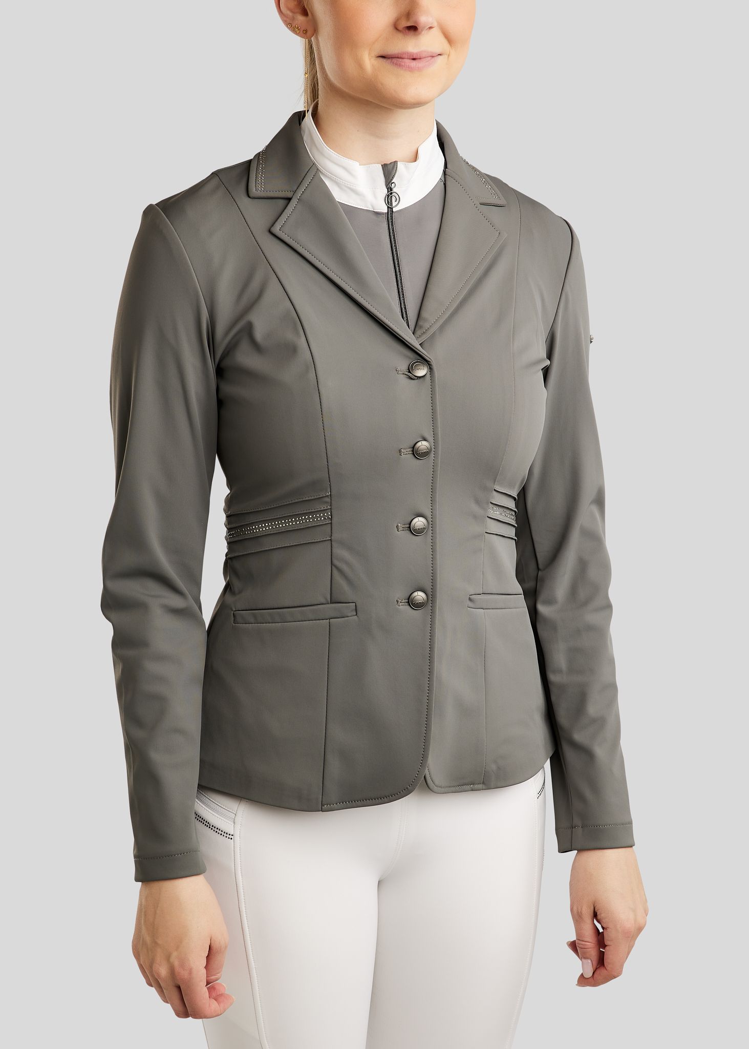 MoPearl Competition Jacket w. Pintucks and Gun Metal Crystals - Grey
