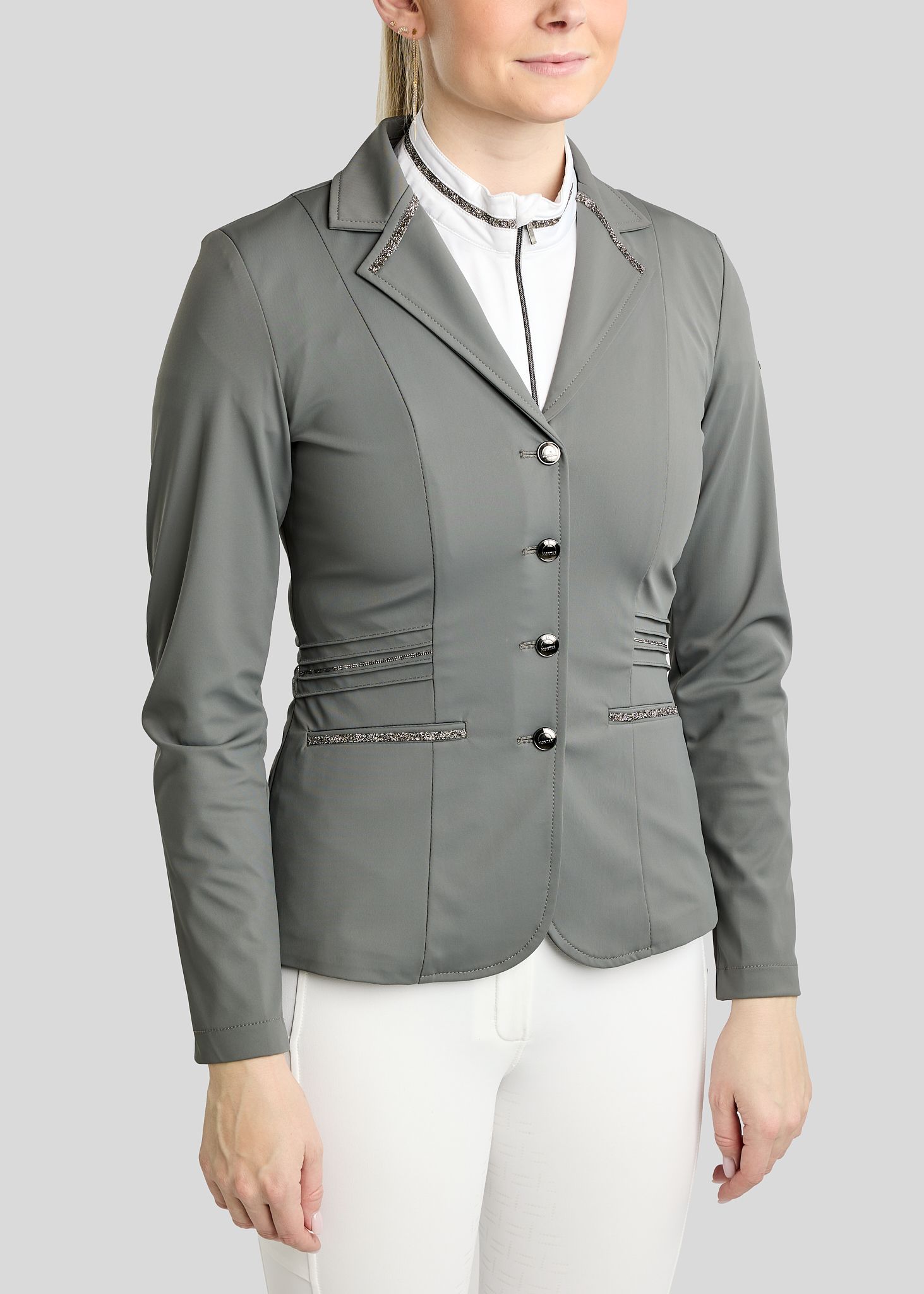 MoKelly Softshell Competition Jacket w. Gun Metal Crystal Tape and Crystals - Grey 
