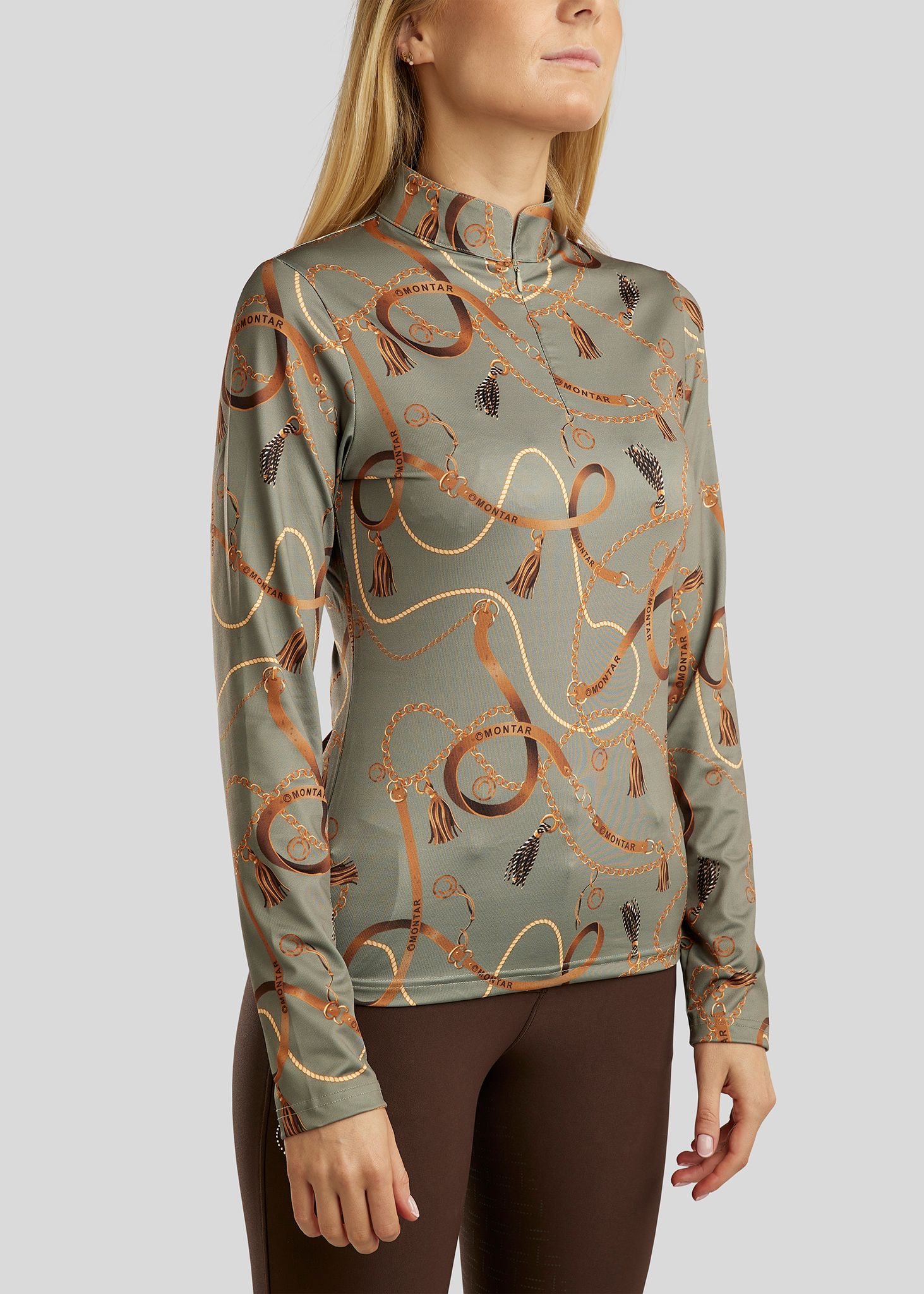 Haily Bridle Print Black Long Sleeve Polo Dusty Green
