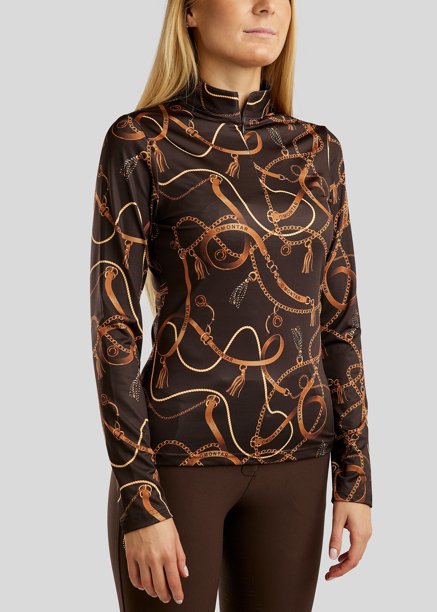 Haily Long Sleeved Polo w. Bridle Print - Brown 