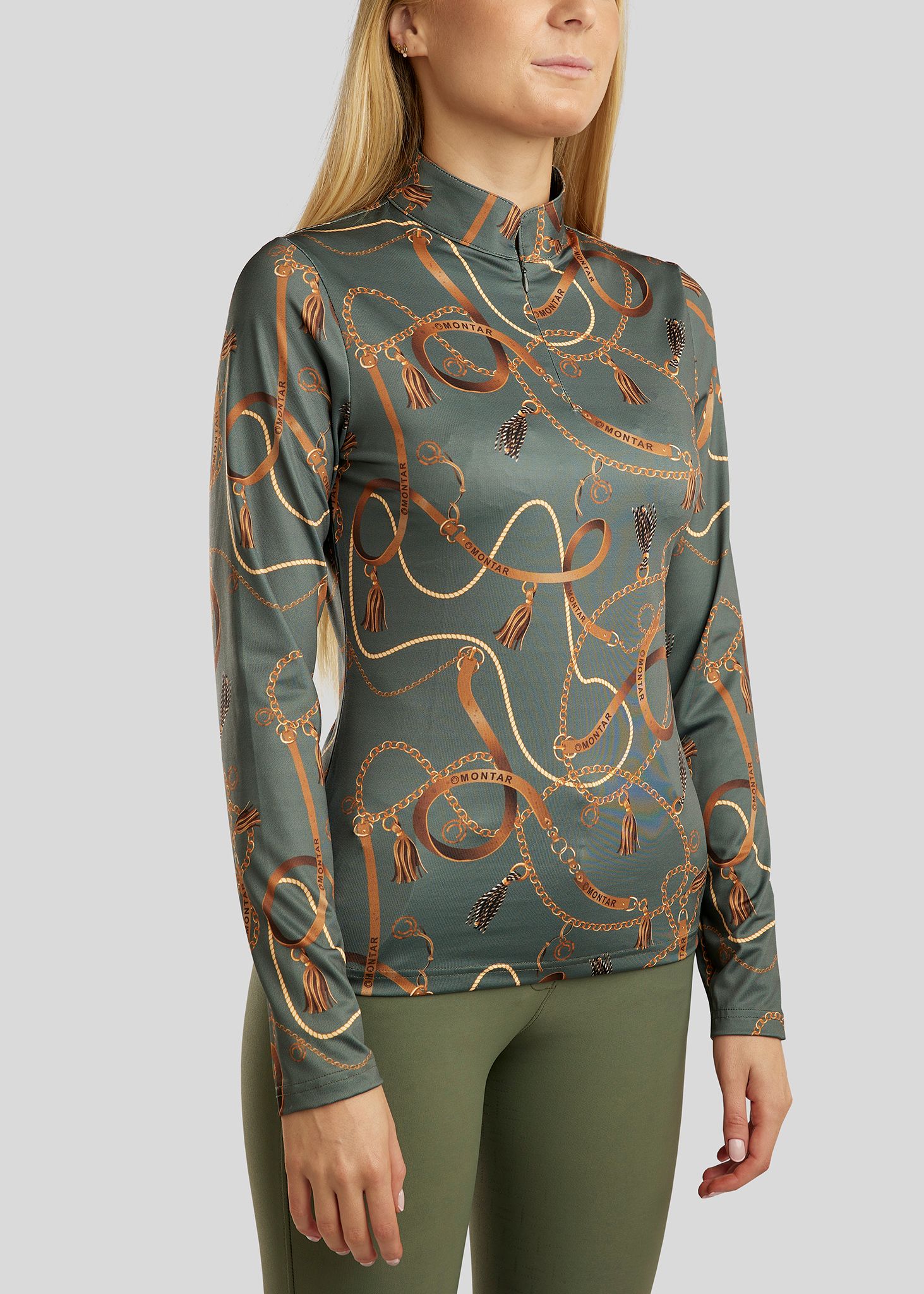 Haily Bridle Print Black Long Sleeve Polo Pine Green