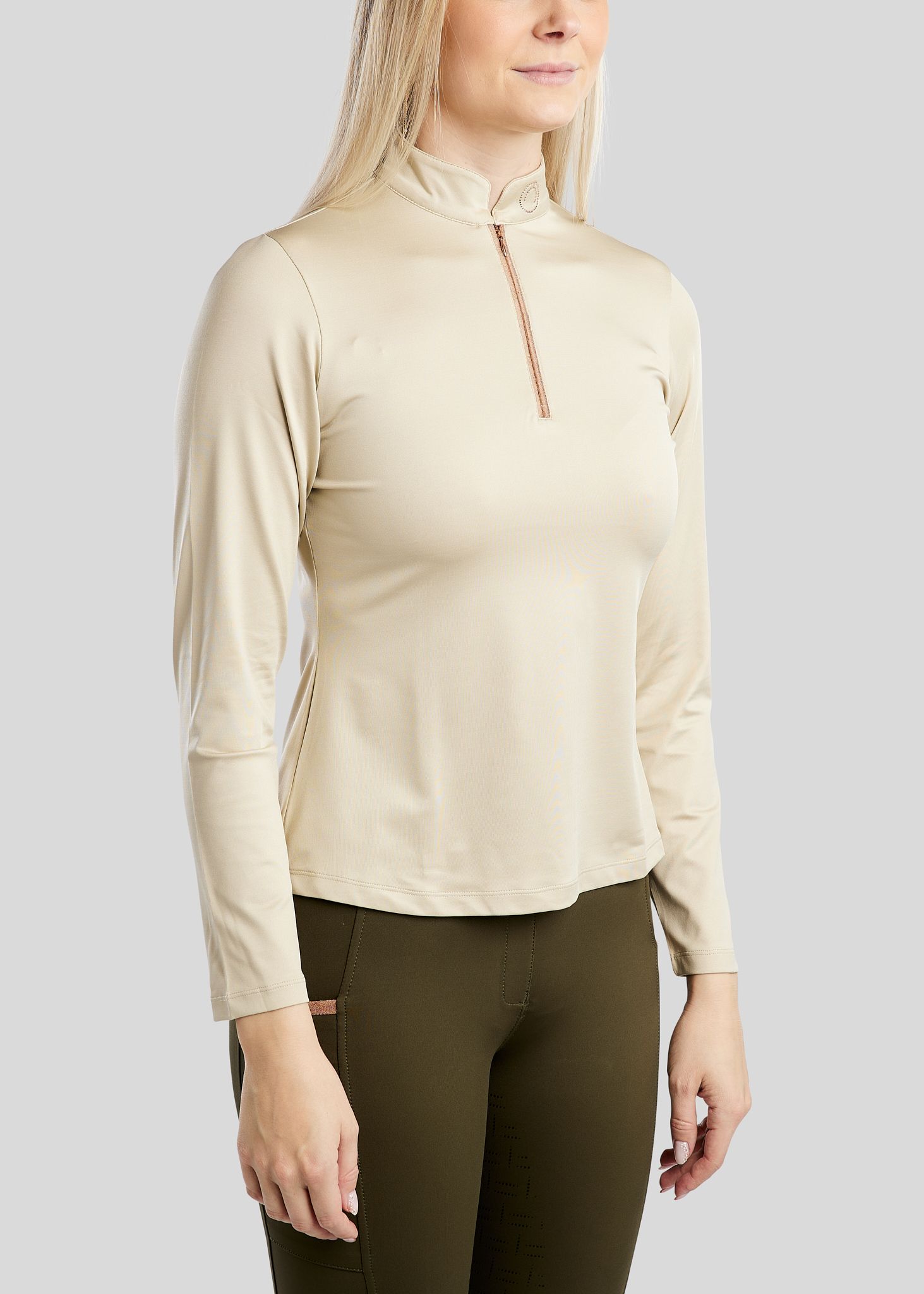 MoGlenda Long Sleeved Polo w. Rosegold Caviar Tape - Warm Grey Beige 